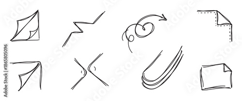 Set of hand-drawn doodle icons featuring folded paper notes, a curly arrow, a zigzag line, and other abstract sketch elements for creative design and annotation