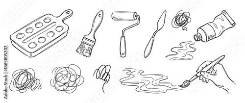 Hand-drawn collection of artist tools including a palette, paintbrush, roller, and paint tube in a simple black and white doodle style for creative concepts