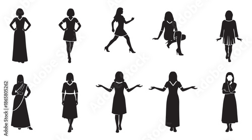Set of female silhouettes in presentation and action poses collection of women walking, sitting, and gesturing in various dresses and traditional outfits like sarees for vector design