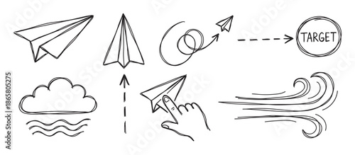 Hand-drawn paper airplane doodle icon set illustrating concepts of business startup, goal setting, and achieving targets with various flight paths and elements
