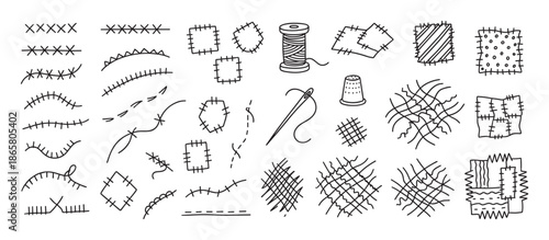 Sewing and mending doodle icon set featuring various stitches, fabric patches, a needle, thread, thimble, and bobbin in a minimalist black and white hand drawn line art style