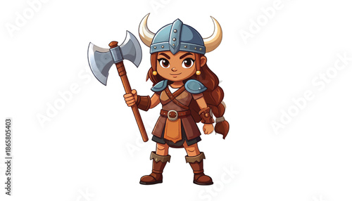 Cartoon Viking Girl Warrior with Axe Ready for Battle.