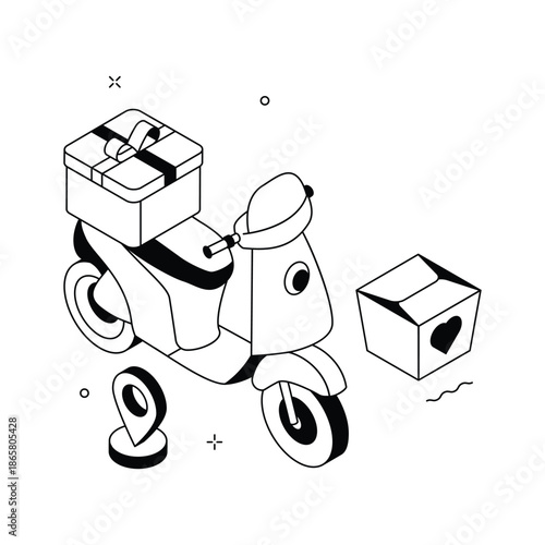 Professional isometric illustration of gift delivery service scooter for festive needs