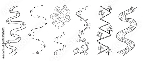 Set of hand-drawn path and river illustrations in a black and white doodle style, showing various winding routes, water flow, wind swirls, and directional arrows for maps