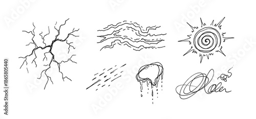 Set of hand-drawn doodle elements including a crack, sun, wood texture, and abstract scribbles in a rough, sketchy black ink line art style for creative design projects
