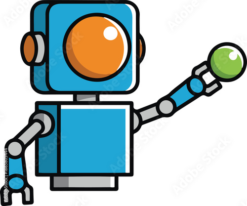 Cute blue robot character holding a green ball, vector illustration