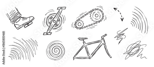 Set of hand-drawn bicycle part doodles including a frame, chain, pedal, and abstract motion lines in a sketchy monochrome style illustration for transport concepts