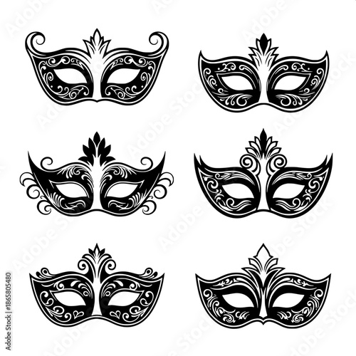 “Classic Venetian masquerade mask silhouettes, minimalist monochrome vector art, symmetrical and decorative forms.”