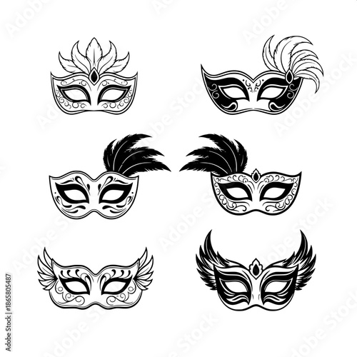“Classic Venetian masquerade mask silhouettes, minimalist monochrome vector art, symmetrical and decorative forms.”