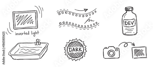 Set of hand-drawn analog photography icons showing the film development process with a camera, developer, and darkroom elements in a simple black and white doodle style illustration