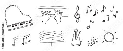 Hand-drawn set of piano and music doodles featuring a grand piano, keyboard, musical notes, treble clef, metronome, and pedal in a simple black and white line art style