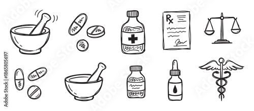 Hand-drawn pharmacy and medicine icon set featuring a mortar, pestle, pills, prescription, and caduceus symbol in a simple black and white doodle style illustration collection