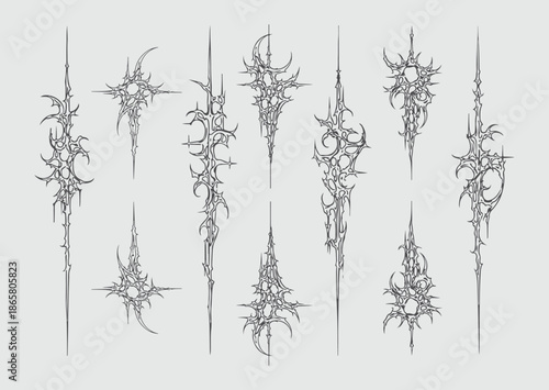 Neo-Tribal Cyber Sigils Vector Set: Gothic Futuristic Linework, Occult Tattoo Core Symbols, Modern Cyberpunk Patterns for Streetwear, Clothing Brand Graphics, T-Shirt Design & Edgy Vector Typography