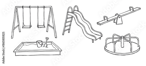 Playground equipment set hand-drawn in a black line art style showing a swing, slide, sandbox, seesaw, and merry-go-round in a simple, clean sketch illustration