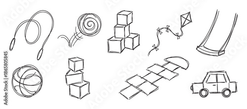 Set of hand-drawn children's toys and playground equipment in a simple black and white doodle style, including a jump rope, blocks, kite, swing, ball, car, and hopscotch