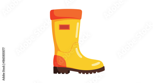 A single brightly colored yellow and orange rubber rain boot, ready for wet weather and outdoor activities, on a white background.