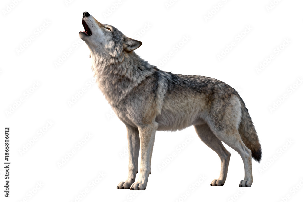 Fototapeta premium Gray Wolf Howling in Isolated White Background
