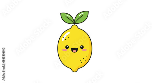 A vibrant, happy cartoon lemon fruit with cute facial features, rosy cheeks, and fresh green leaves, isolated on a clean white background.