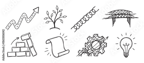 Collection of hand-drawn business doodle icons illustrating concepts of growth, strategy, ideas, connection, process, and overcoming obstacles in a simple sketch style