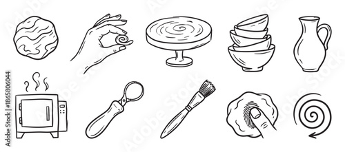 Hand-drawn pottery and ceramics icons set showing the creative process of clay making, from the potter's wheel and kiln to finished bowls and tools in a simple black and white doodle style