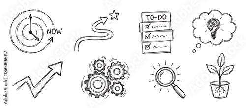 Set of hand-drawn business icons representing productivity, growth, ideas, and planning in a simple black and white doodle style for conceptual presentations and infographics