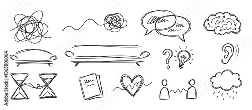 Hand-drawn doodle icon set for psychotherapy and mental health, illustrating concepts of confusion, dialogue, and problem-solving with simple black and white line art sketches