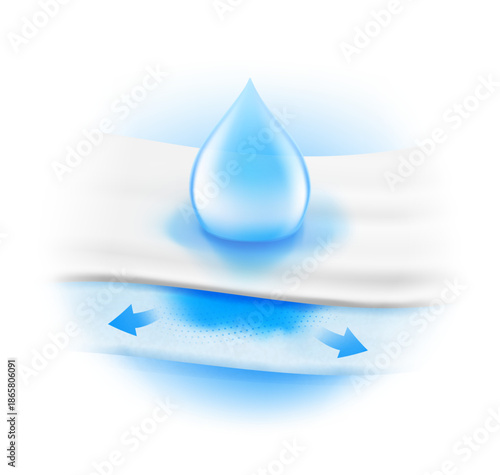 Layered absorbent core with realistic drop and arrows that shows prevents leaking. Vector illustration. Perfect for hygiene product and absorbent materials. EPS10.