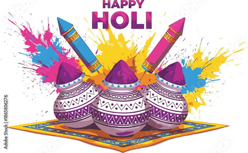 Vibrant happy holi festival celebration with colorful pichkari water guns