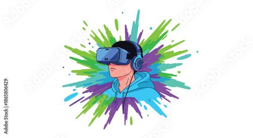 A young man with a virtual reality headset and headphones, immersed in a vibrant digital experience represented by colorful paint splatters.