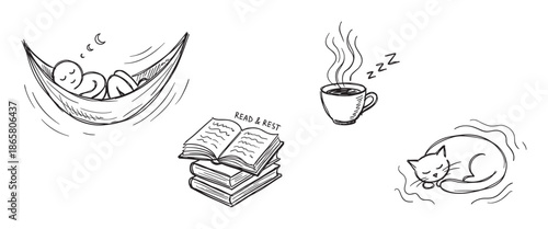 Hand-drawn sketch icon set illustrating relaxation with a sleeping person in a hammock, a napping cat, books for reading, and a hot drink in a simple doodle style