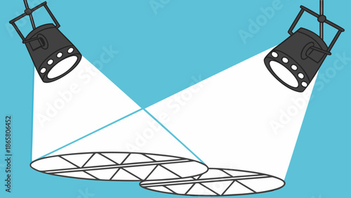 A flat vector illustration of two black stage spotlights hanging from the ceiling against a vibrant blue gradient background. The spotlights are angled toward each other, emitting bright triangular be