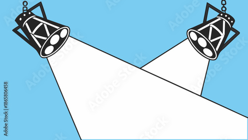 A flat vector illustration of two black stage spotlights hanging from the ceiling against a vibrant blue gradient background. The spotlights are angled toward each other, emitting bright triangular be
