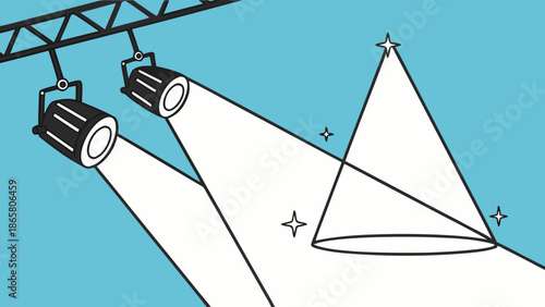 A flat vector illustration of two black stage spotlights hanging from the ceiling against a vibrant blue gradient background. The spotlights are angled toward each other, emitting bright triangular be