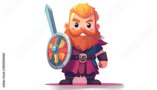Cartoon Viking Warrior with Sword and Shield Ready for Battle.