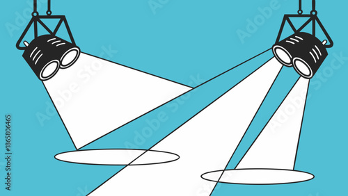 A flat vector illustration of two black stage spotlights hanging from the ceiling against a vibrant blue gradient background. The spotlights are angled toward each other, emitting bright triangular be