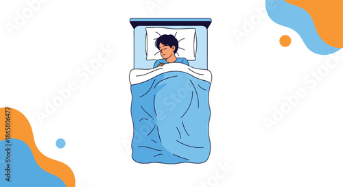 A person is sleeping peacefully in a bed with blue bedding, featuring abstract blue and orange shapes in the corners.