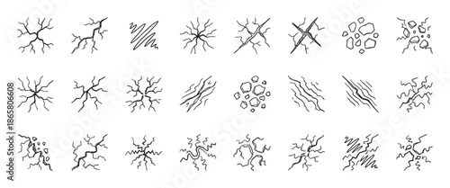 Hand-drawn collection of black crack illustrations showing various types of surface damage, including ground fissures, wall fractures, and broken glass effects in a simple doodle sketch style