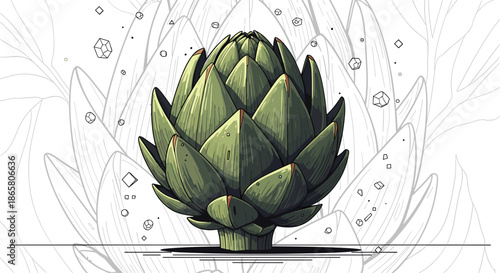 Stylized green artichoke illustration with detailed texture and linear background elements, featuring subtle geometric accents.