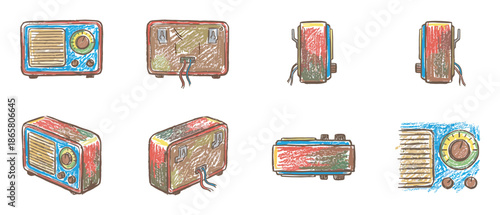 Colorful hand-drawn vintage radio receiver illustration set showing multiple angles and perspectives, including front, back, side, and isometric views in an artistic sketch style