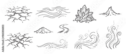 Set of hand-drawn natural elements and textures including cracked earth, crystals, wind swirls, water waves, and a dirt road, all created in a simple black ink line art style