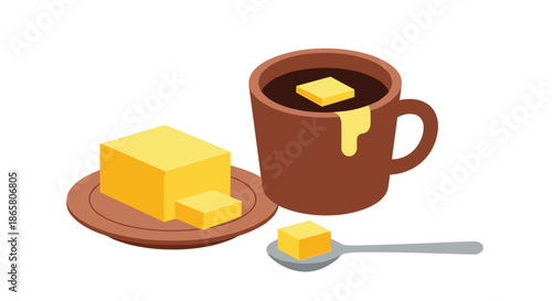 A rich and creamy bulletproof coffee, prepared with a generous amount of butter, is presented alongside a block of butter on a wooden plate.