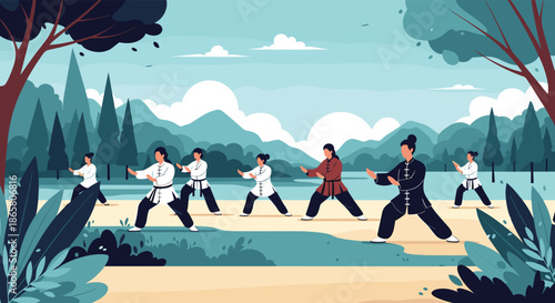 A diverse group of individuals practices traditional martial arts and Tai Chi forms in a serene outdoor park setting with mountains and trees.