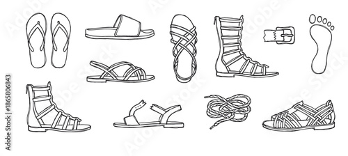 Hand-drawn black and white collection of various summer sandals, including flip-flops, slides, and gladiator styles, presented as a simple line art illustration set with a footprint