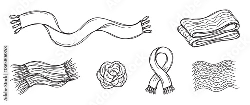 Set of hand-drawn winter scarves and textiles in a black and white doodle style, showing various shapes like folded, flowing, looped, and rolled with fringe and tassels