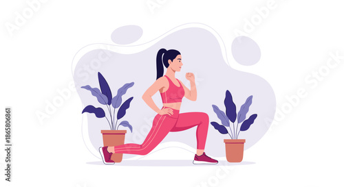 Athletic woman in pink sportswear doing a lunge, an effective strength training exercise for leg and core strength.