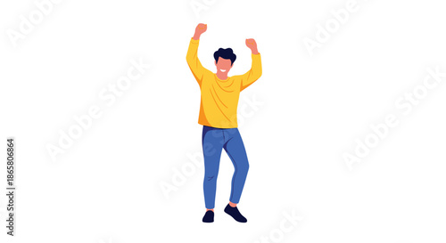 A cheerful young man in casual attire raises his arms in the air, celebrating success or expressing immense joy and excitement with a happy smile.