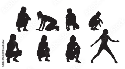 Set of athletic female silhouettes in fitness and active wear poses collection of women stretching, running, and doing yoga for sports branding, healthy lifestyle marketing, and wellness vector design