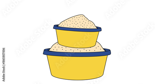 An illustration depicting two yellow buckets with blue rims, stacked one on top of the other, each brimming with granular sand.
