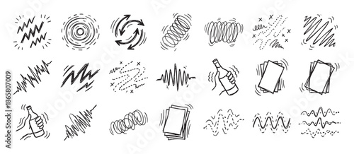 Set of hand-drawn doodle icons representing vibration, shaking, movement, and sound waves, featuring scribbles, spirals, and a hand shaking a bottle in a simple sketch style