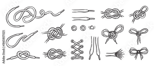 Hand-drawn set of shoelace tying illustrations showing various knots, bows, and lacing techniques for shoes and boots in a monochrome sketch style collection